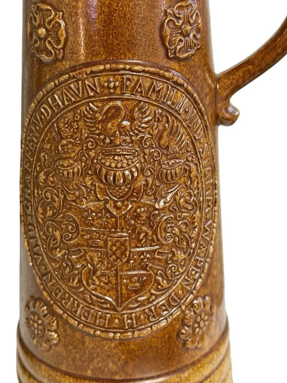 Vintage Brown Stoneware Beer Stein Heraldic Family Crest Equestrian Pewter Lid 1